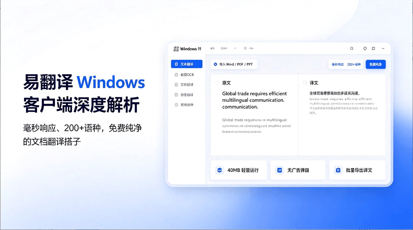 易翻译 Windows 客户端深度解析：毫秒响应、200+语种，免费纯净的文档翻译搭子